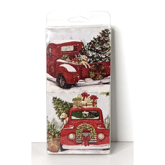Drink Coasters Christmas Red Truck Labrador 4 Pack Ceramic Cork Backing NEW - Picture 1 of 3